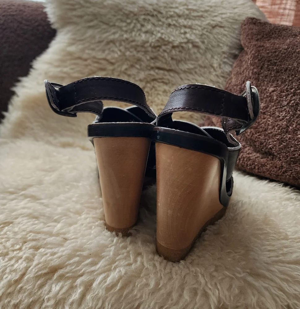 Chloe Chocolate Brown Leather Sling Back Wedge Heels